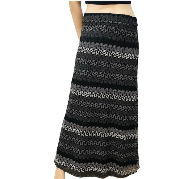 Black & Grey Festival Whimsy Goth Emo Striped Design Lined Maxi Skirt Size Large - Picture 1 of 9